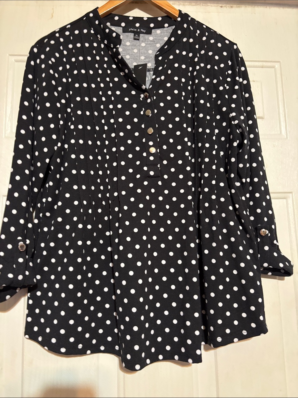 Polka Dot Button-Front Black Blouse with Roll-Tab Sleeves